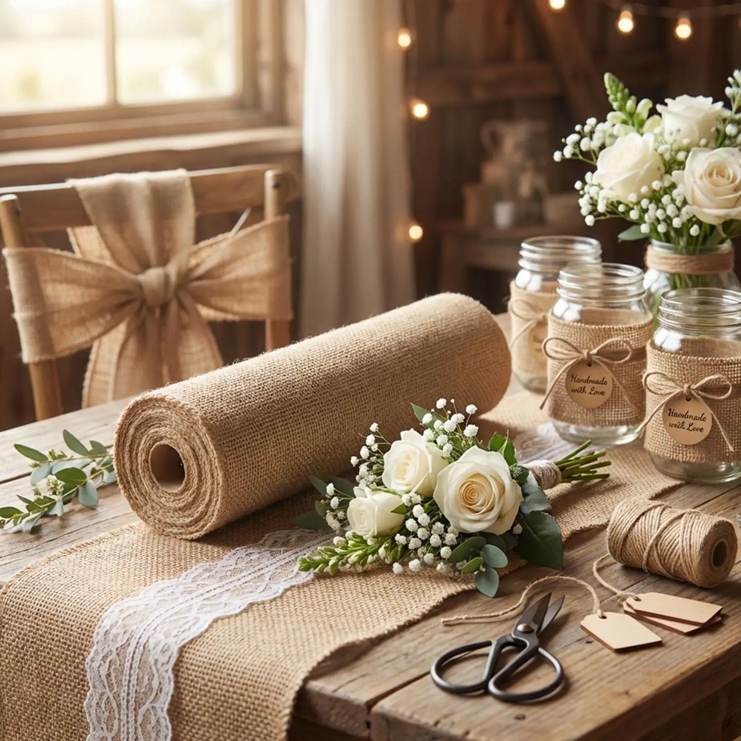 Jute Burlap Ribbon Roll DIY Handmade Craft Supplies for Wedding Decor Gift Wrapping Flower Bouquets Table Garland Party DIY