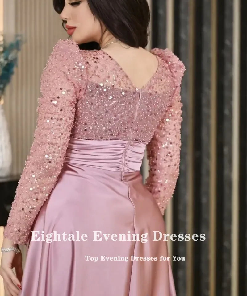 Eightale Robe de Soirée de Luxe Col en V Rose Poudré Personnalisée Manches Longues Pailletées Robe de Bal Arabe Robe de Soirée Mariage Vestidos De Gala