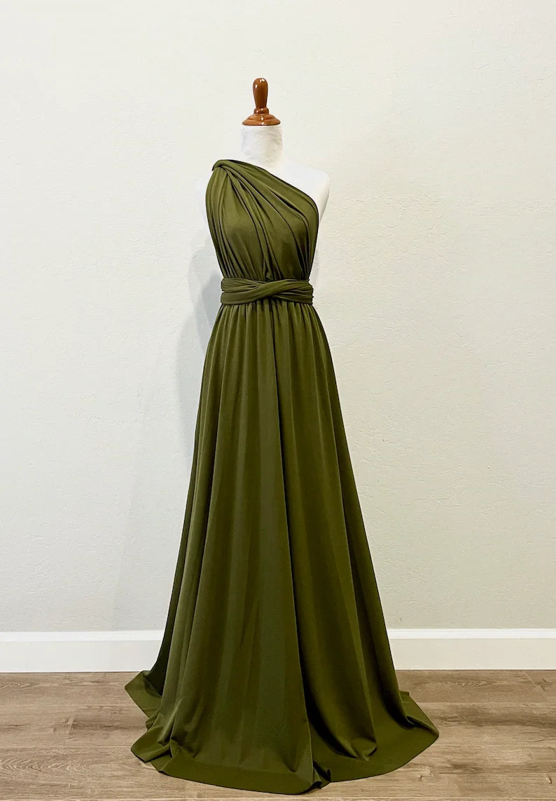 Robe de demoiselle d'honneur, robe longue vert olive de demoiselle d'honneur, robe convertible pour cortège nuptial, robe infinie multivoies, robe sur mesure