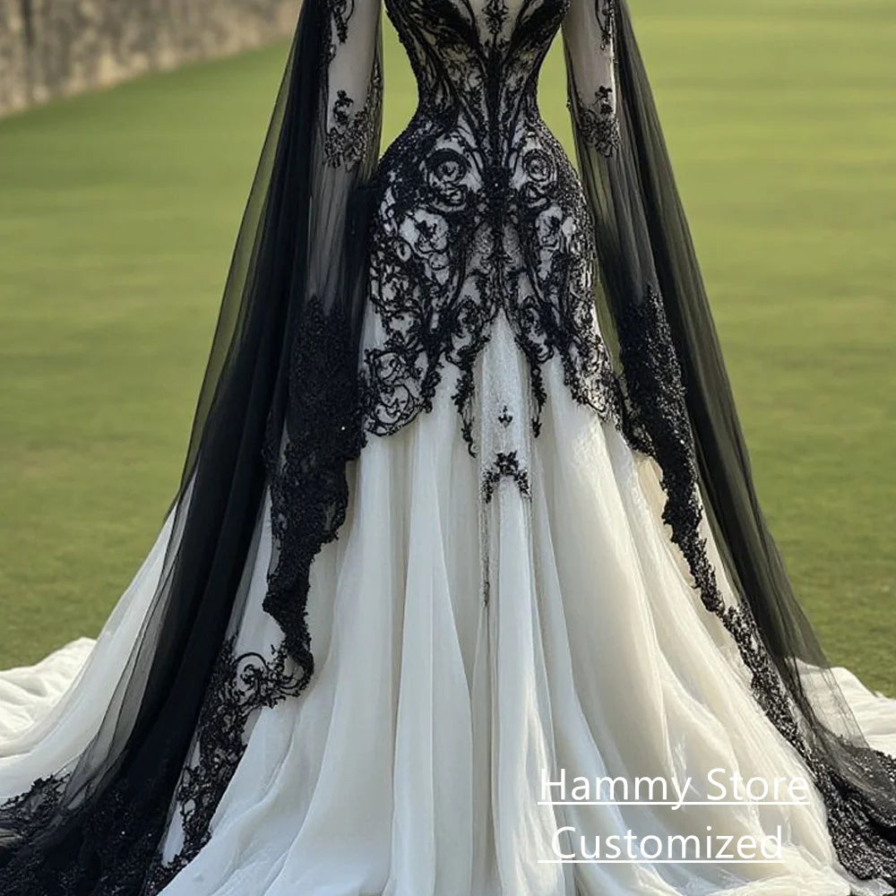 Gothic Wedding Dress Black Lace Applique Customized High Neck Long Batwing Sleeves Sweep Train Bridal Gown Vestido De Noiva