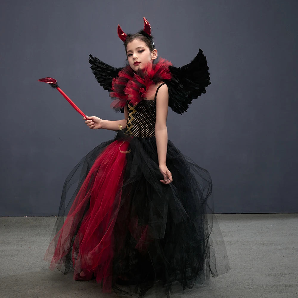 Costume de petite fille vampire gothique Robe de reine maléfique Tutu pour Halloween Fête cosplay Vêtements pour enfants Déguisement