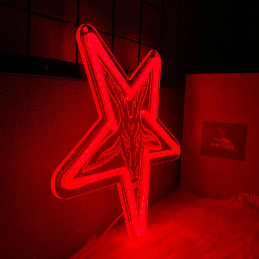 Bar Neon Art Wall Decor for Room Gothic Three-dimensional Carved Lamb and Inverted Baphomet Home Sign Five-pointed Beauty Star