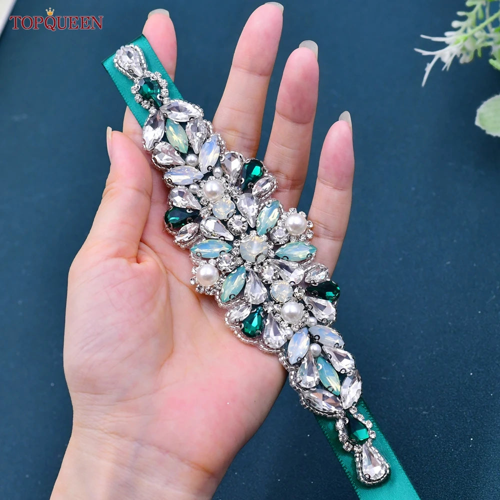 TOPQUEEN Multiple Styles Green Belt With Diamonds Bridal Wedding Accessories Rhinestone Women'S Dresses Evening Girdles S30