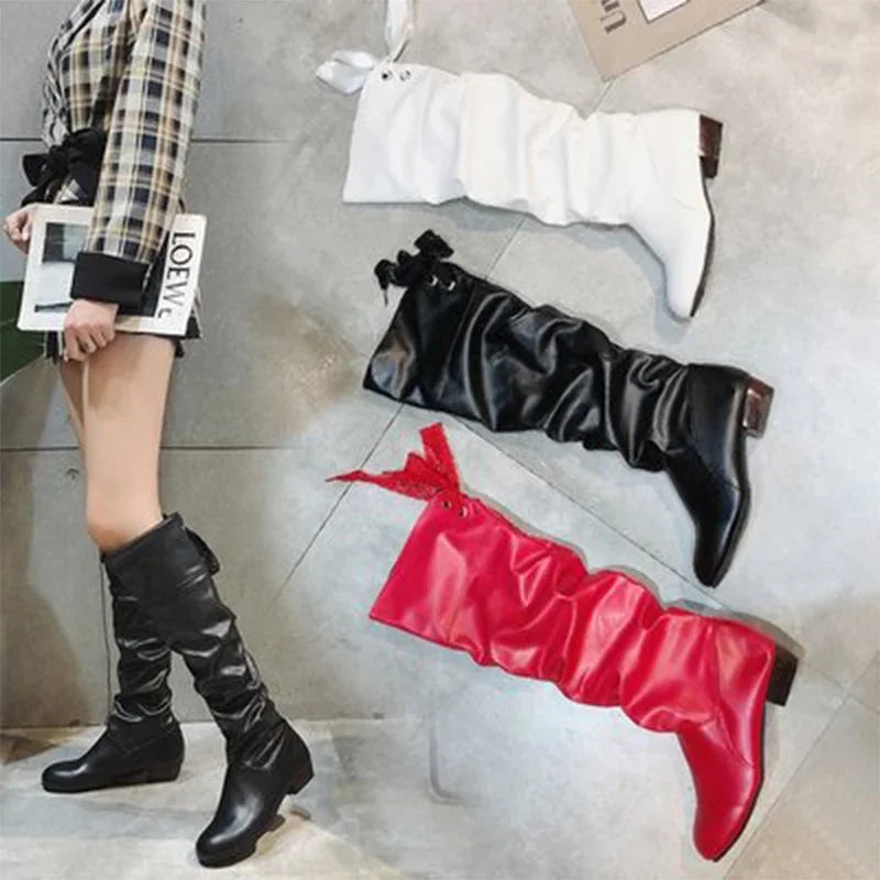 Chaussures Femme 2022 Printemps Bottes Hautes au Genou Rouge Noir Blanc Bottes Hautes Femme Plissées Talon Bas Décontracté Cuir Chaussures Longues Femme
