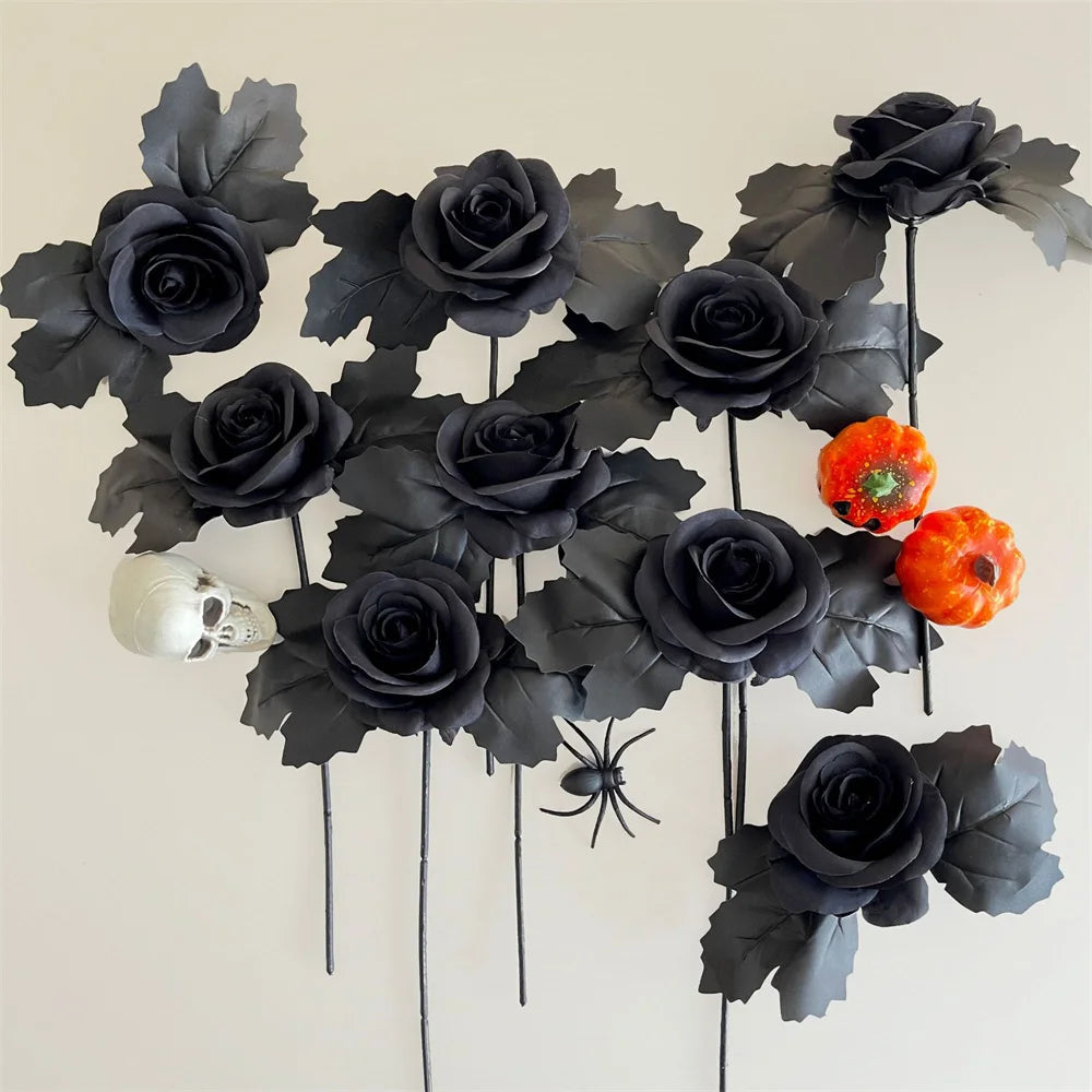 Halloween Black Artificial Rose Flowers Dark Horror Gothic Black Simulated Flower Bouquet for Home Wedding Party Halloween Decor