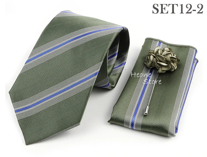 Men's Striped Necktie, Pocket Square & Brooch Set | Groom & Groomsmen Wedding Accessory