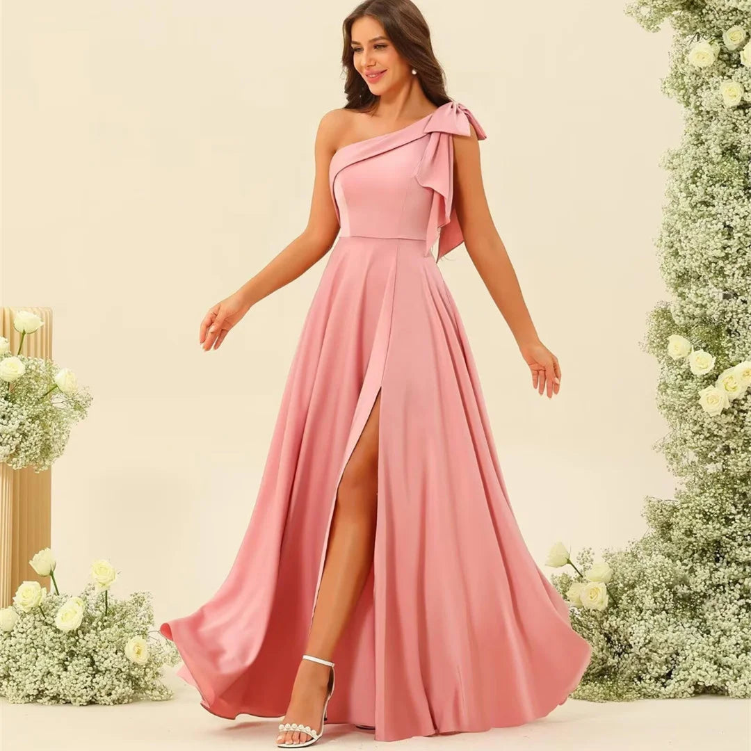 Elegant Satin Bow One-Shoulder Bridesmaid Dresses A-line Slit Backless Solid Simple Guest Ball Gowns Lace Up Wedding Prom Dress