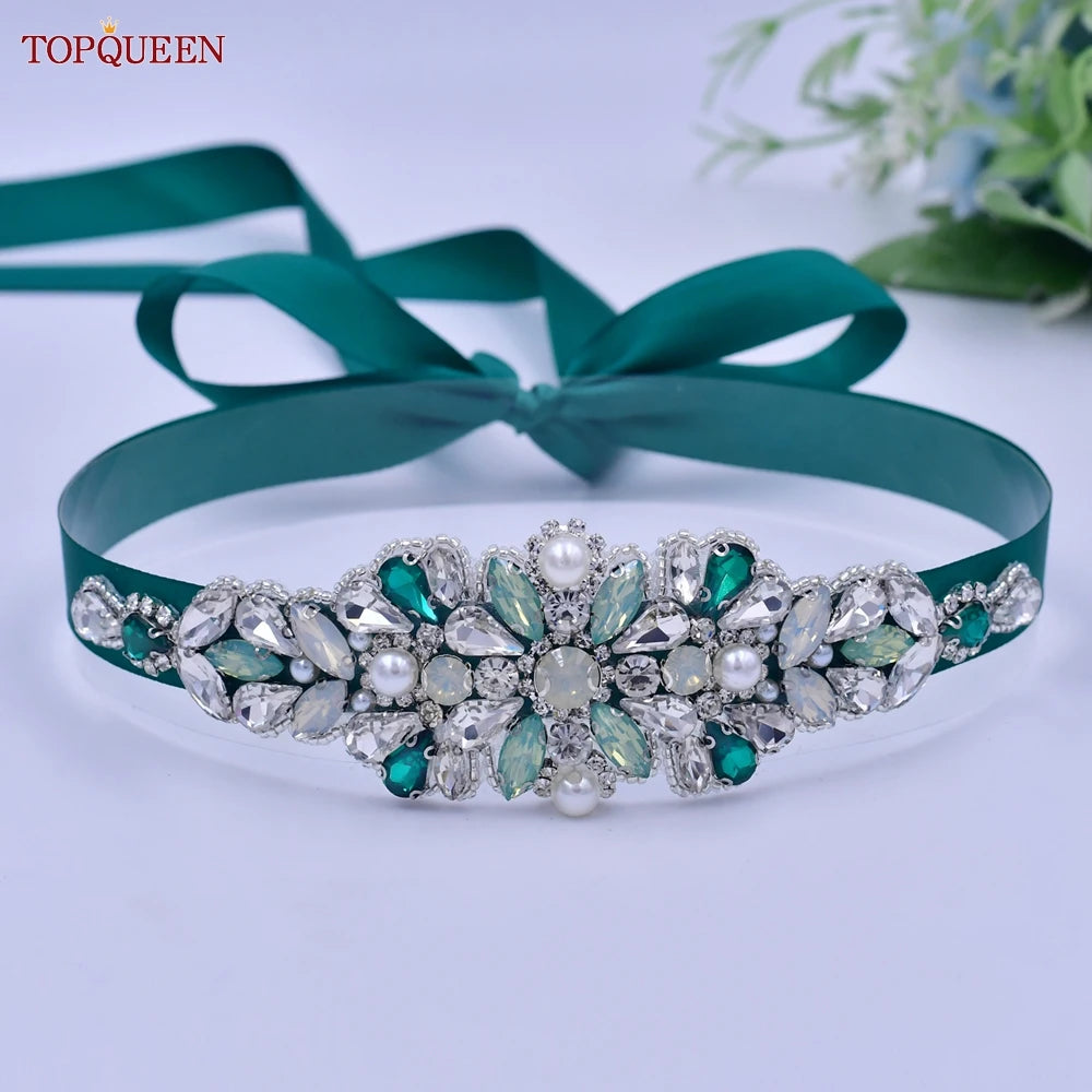 TOPQUEEN Ceinture Verte Multi-styles Avec Diamants Accessoires de Mariage Nuptiaux Strass Robes Femme Soirée Ceintures S30