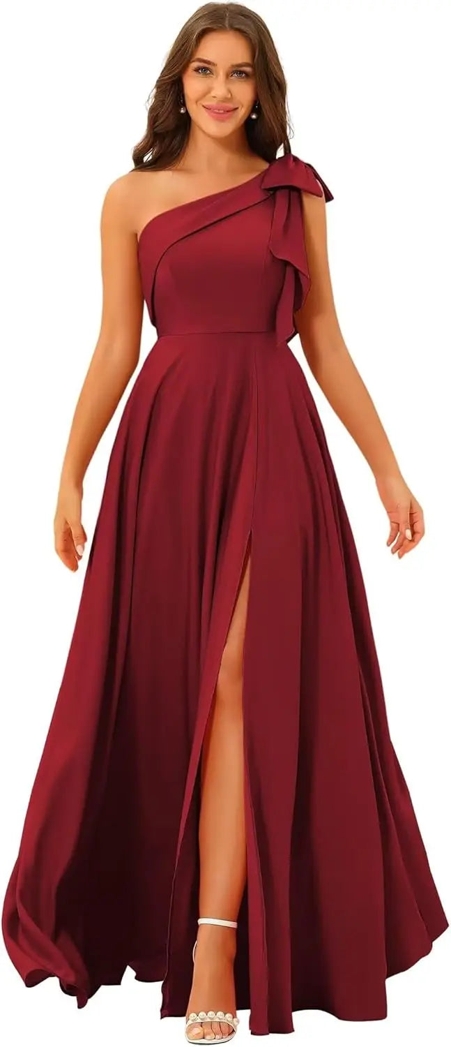 Robe de demoiselle d'honneur élégante en satin à nœud et à épaule dénudée, coupe trapèze fendue, dos nu, couleur unie, simple, pour invités, robe de bal, laçage, robe de soirée de mariage