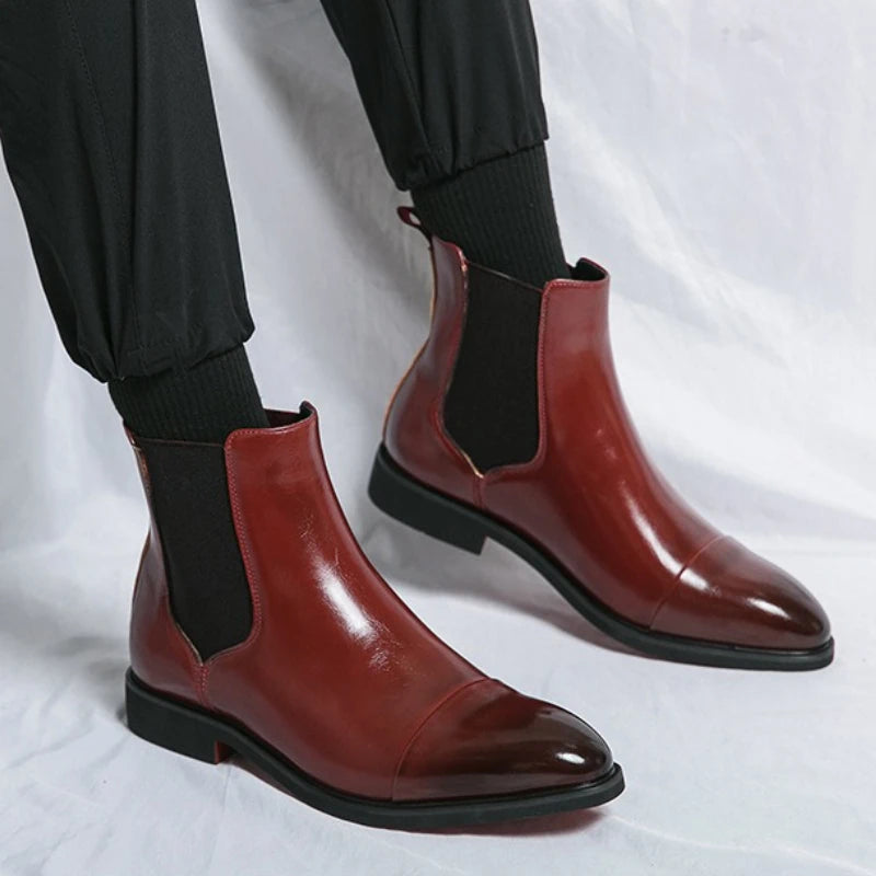 Bottes Cheville Homme Affaires Semelle Rouge Bout Pointu Bottines Habillées Britanniques Chaussures Hautes en Cuir Décontractées Chelsea Homme à Enfiler