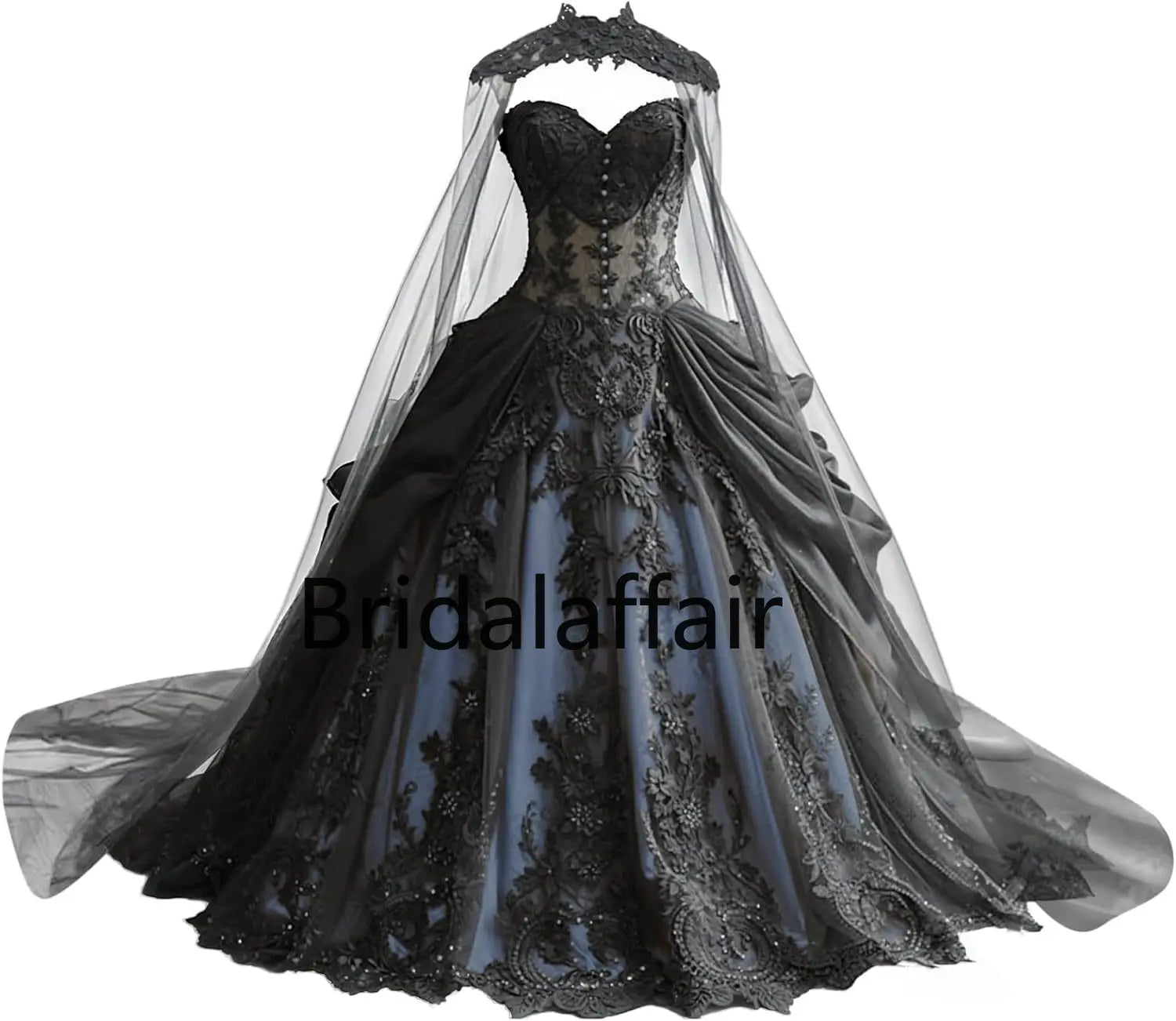 Robes de mariée gothiques pour la mariée Robes de mariée en dentelle noire appliquées Robes de mariée en tulle étagé brodées avec cape