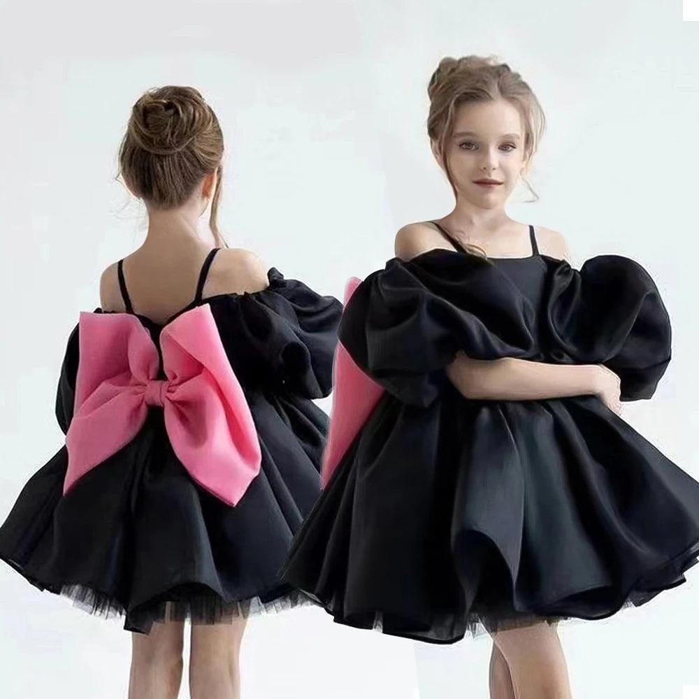 Robe gothique noire pour bébé fille de 4 à 8 ans, pour occasions formelles, manches bouffantes, robe de princesse pour fête d'anniversaire d'enfants avec nœud rose élégant