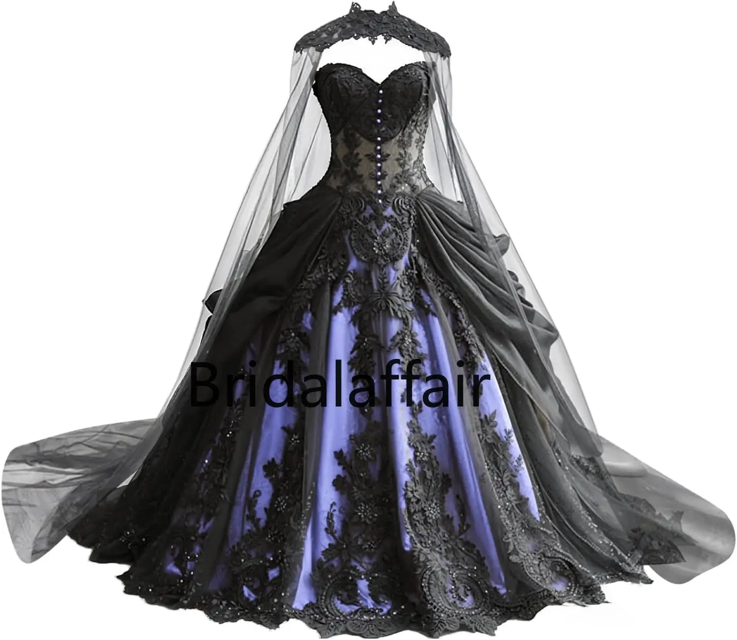 Robes de mariée gothiques pour la mariée Robes de mariée en dentelle noire appliquées Robes de mariée en tulle étagé brodées avec cape