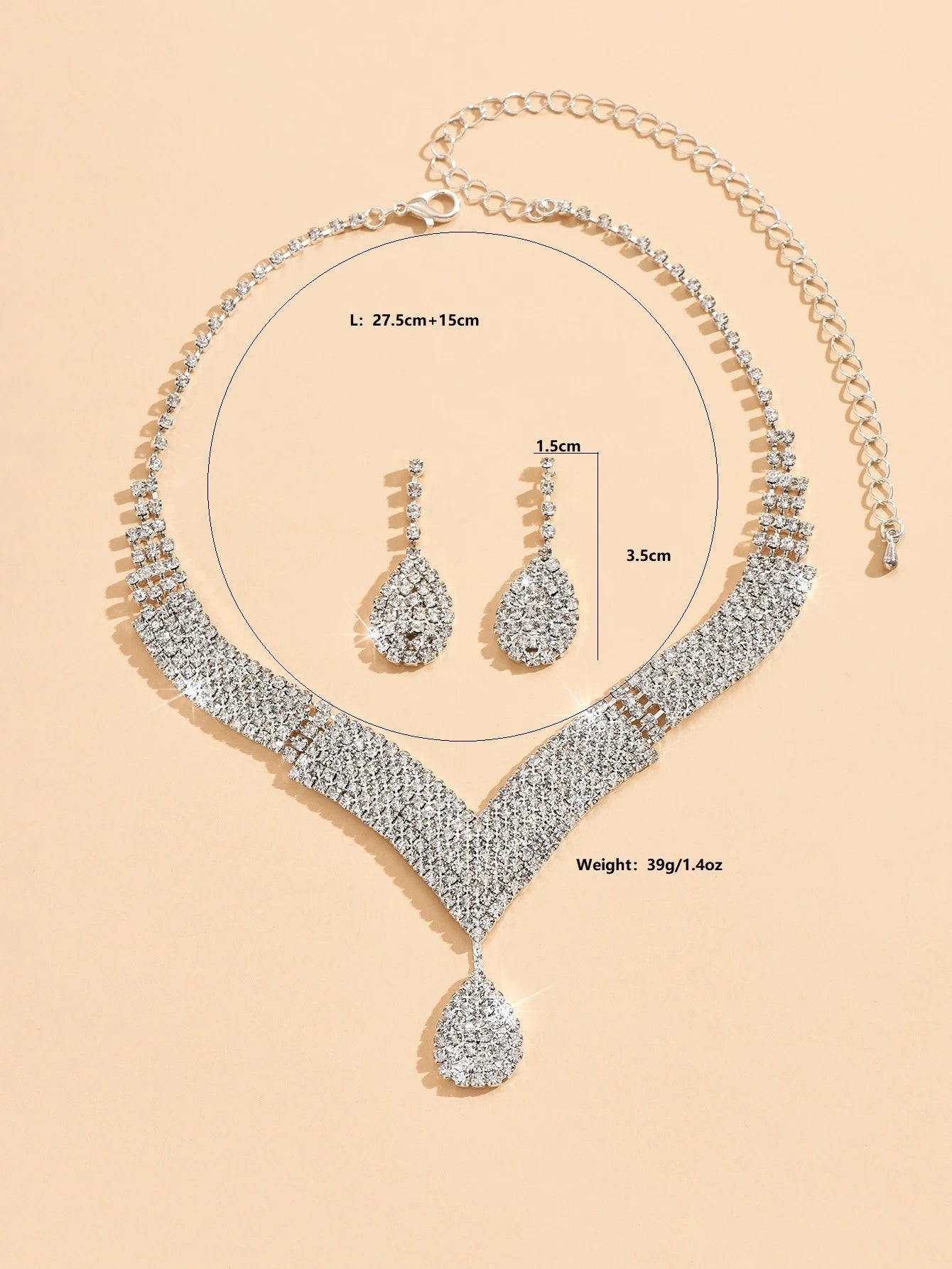 Parure collier et boucles d'oreilles goutte d'eau en strass – 3 pièces, bijoux de mariée
