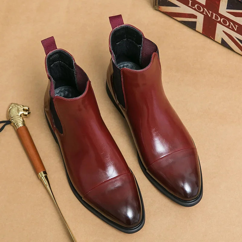 Bottes pour hommes Bottines d'affaires Semelle rouge Bout pointu Bottes habillées Chaussures montantes en cuir de style britannique Chelsea pour hommes décontractées à enfiler
