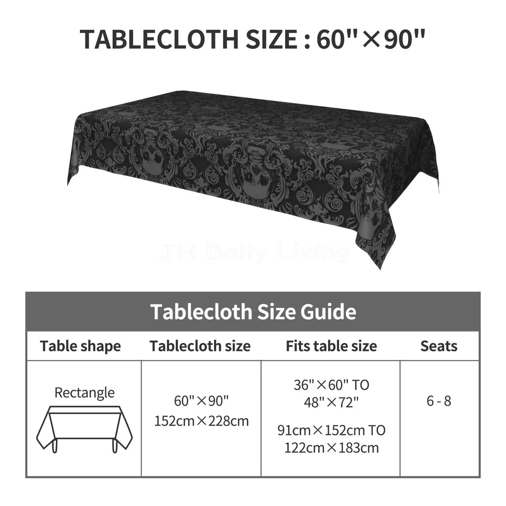 Nappe rectangulaire noire tête de mort gothique avec motif floral en polyester lavable pour cuisine, fête, pique-nique et salle à manger