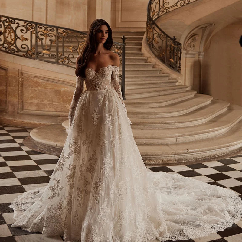 Robe de mariée vintage en organza avec broderie dentelle, coupe trapèze, manches longues, épaules dénudées, personnalisée (Vestido De Novia)