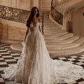 Robe de mariée vintage en organza avec broderie dentelle, coupe trapèze, manches longues, épaules dénudées, personnalisée (Vestido De Novia)
