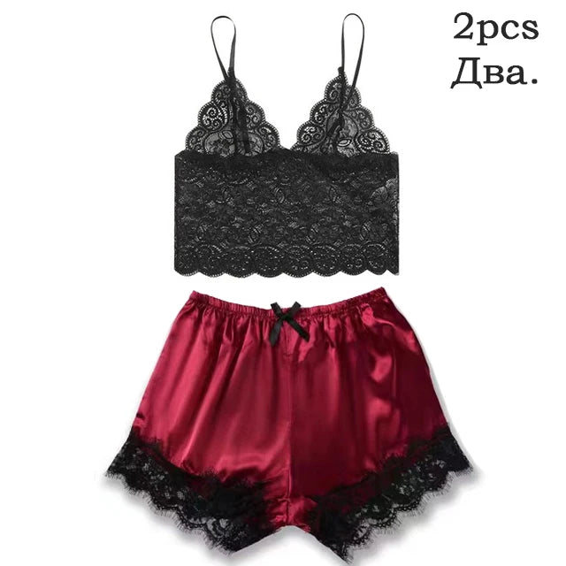 Ensemble de pyjama en satin pour femme, rose, lingerie sexy, robe de chambre, patchwork en dentelle, nuisette en soie, pantalon, vêtements de nuit pour la maison