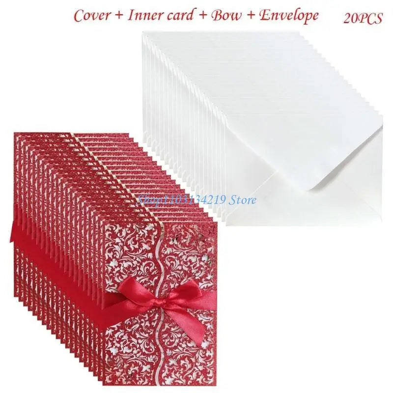 20 cartes d'invitation à paillettes creuses avec enveloppes et ruban pour mariage, Saint-Valentin, fête prénuptiale, fournitures de fête