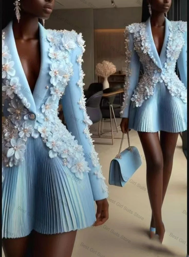 Blue Women Suit Set 2 Piece Blazer+Short Mini Prom Dress 3D Flower Formal Office Lady Jacket Customized Prom Wedding Guest Coat