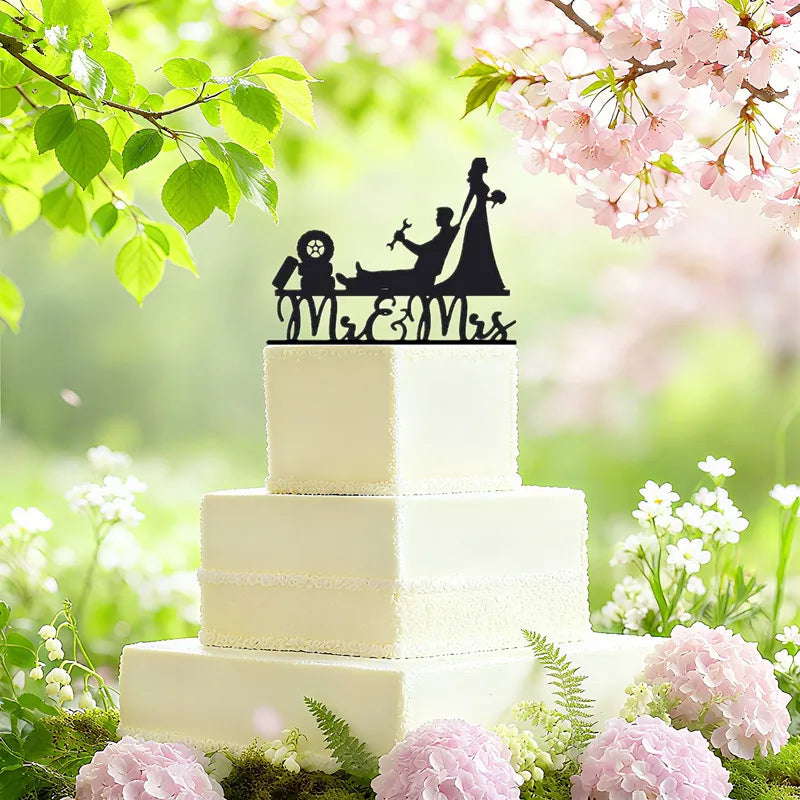 Funny Wedding Party Cake Topper Mariée Marié M. Mme Acrylique Noir Gâteaux de mariage Style Sport Mixte Couples Cake Décoration de mariage