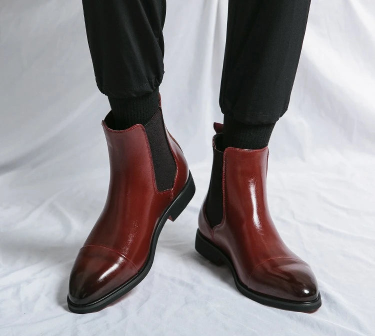 Bottes Cheville Homme Affaires Semelle Rouge Bout Pointu Bottines Habillées Britanniques Chaussures Hautes en Cuir Décontractées Chelsea Homme à Enfiler