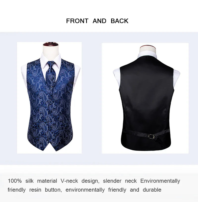 Gilets de costume en soie Hi-Tie pour homme, 4 pièces, tissés, vert sauge uni, gilet, cravate, pochette, boutons de manchette, pour affaires, mariage, robe, veste de taille