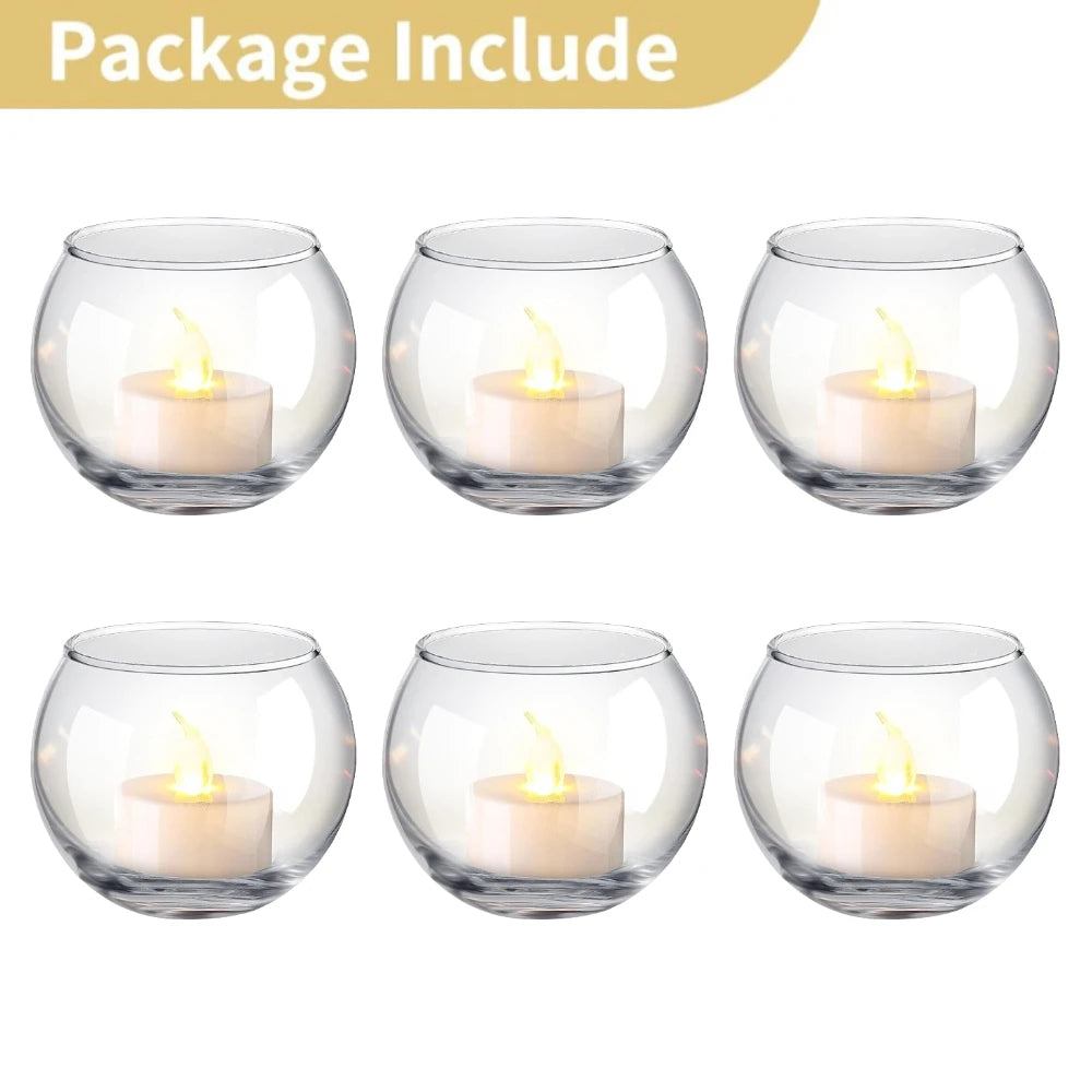6Pcs Round Votive Candle Holders Glass Tealight Candle Holder Cup with LED Candles for Valentine's Day, Birthday Wedding Decor