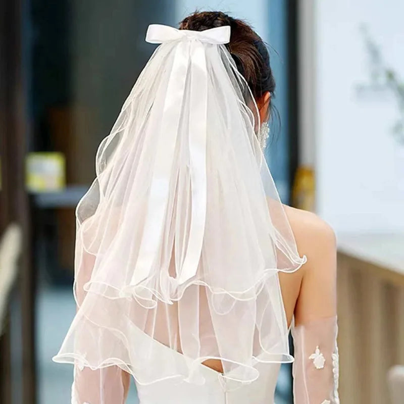 1PC Double layered bow tied headband Wedding birthday party white veil decoration Bridal engagement banquet hair accessories