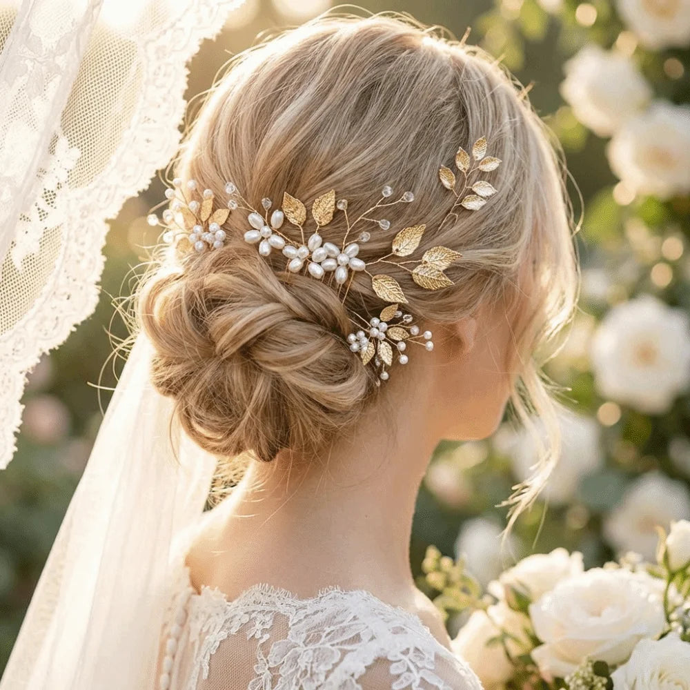 4Pcs Sets Pearl Wedding Hair Accessories Elegant Vintage Leaf Shaped Tiaras Handmade Bride Insert Hair Clip Bride Accessories