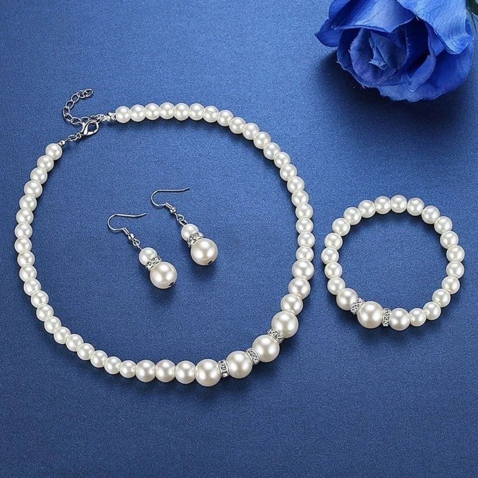 Parure de mariée 3 pièces perles et cristaux — collier, bracelet et boucles d'oreilles