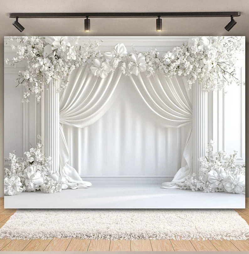 Toile de fond de fête pour photographie, motif mariage, fleur rose, palais, mur blanc, pour fête prénuptiale, décor de portrait de mariage, arrière-plan photo