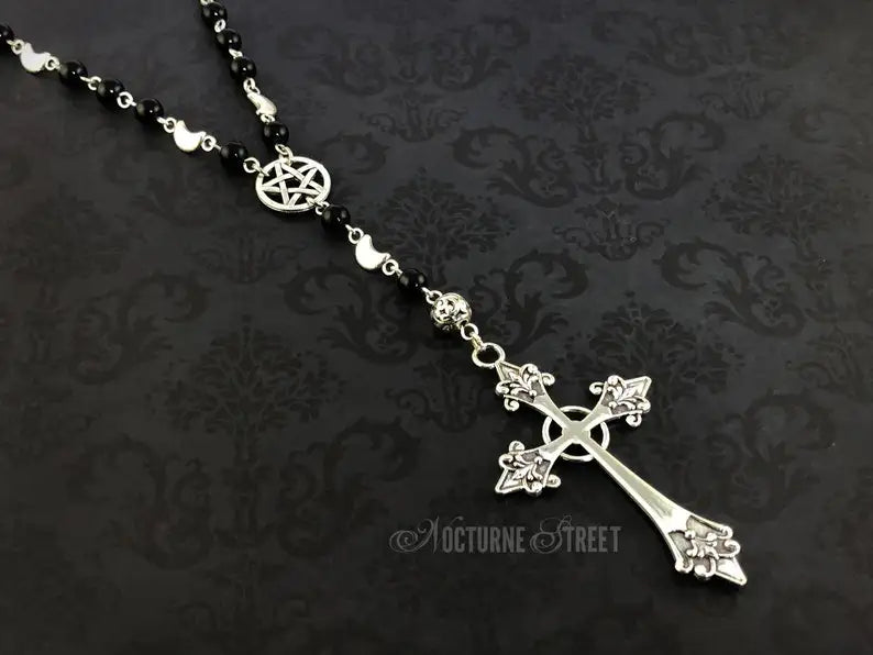 Gothic Rosary Necklace — Black Agate Pentagram & Cross Beaded