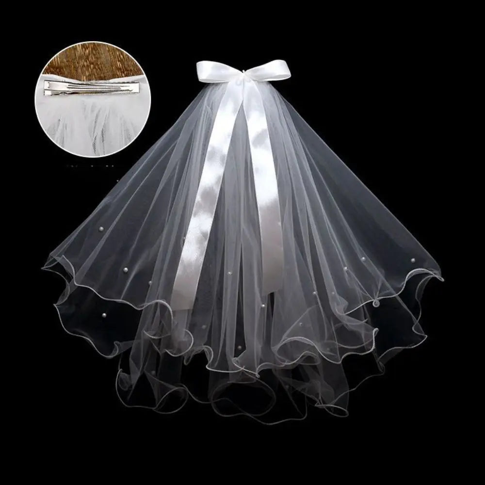 Fleur de mariage Voile de mariée Ruban de perles Tulle de tête de mariée Double couche Coiffe de mariée Tulle de mariage pour femme