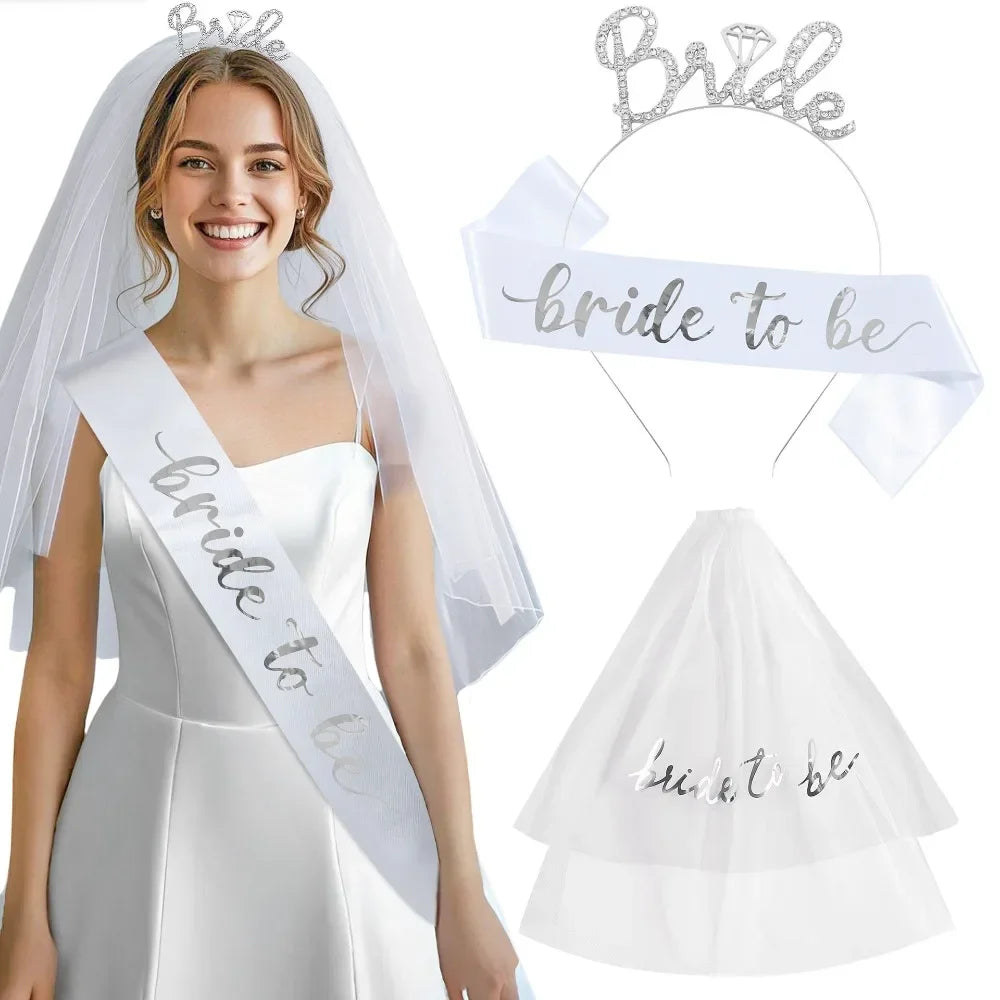 Ensemble de 3 accessoires de fête de mariage pour mariée avec écharpe, diadème et voile pour les décorations de fête prénuptiale et d'enterrement de vie de jeune fille