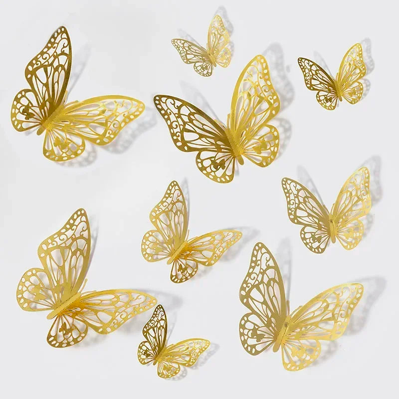48pcs Gold Silver Hollow Butterfly Wall Stickers 3D Butterflies Bedroom Living Room Home Decoration Applique Wedding Decor