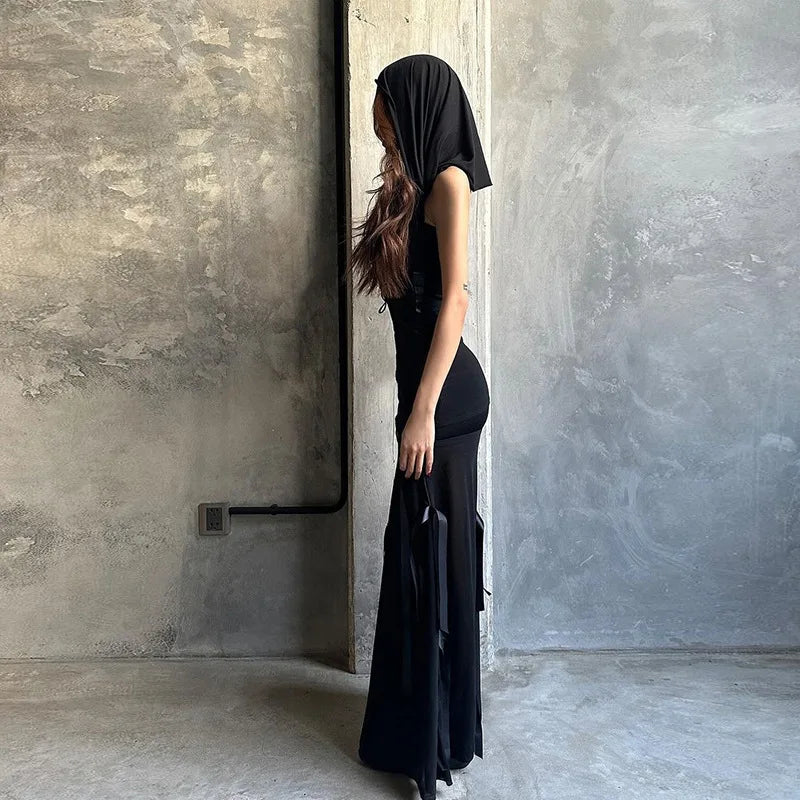 Goth Dark Fairycore Diverse Dressing Styles Partywear Sexy Strapless Hooded Long Dress Gothic Cute Bow Mesh Slim Bodycon Dresses