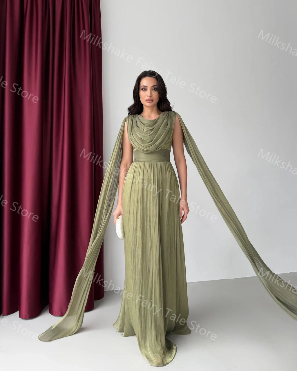 Robes de soirée vert olive élégantes Manches longues cape Robes de bal pour femmes Longueur au sol Robes d'invitées de mariage personnalisées