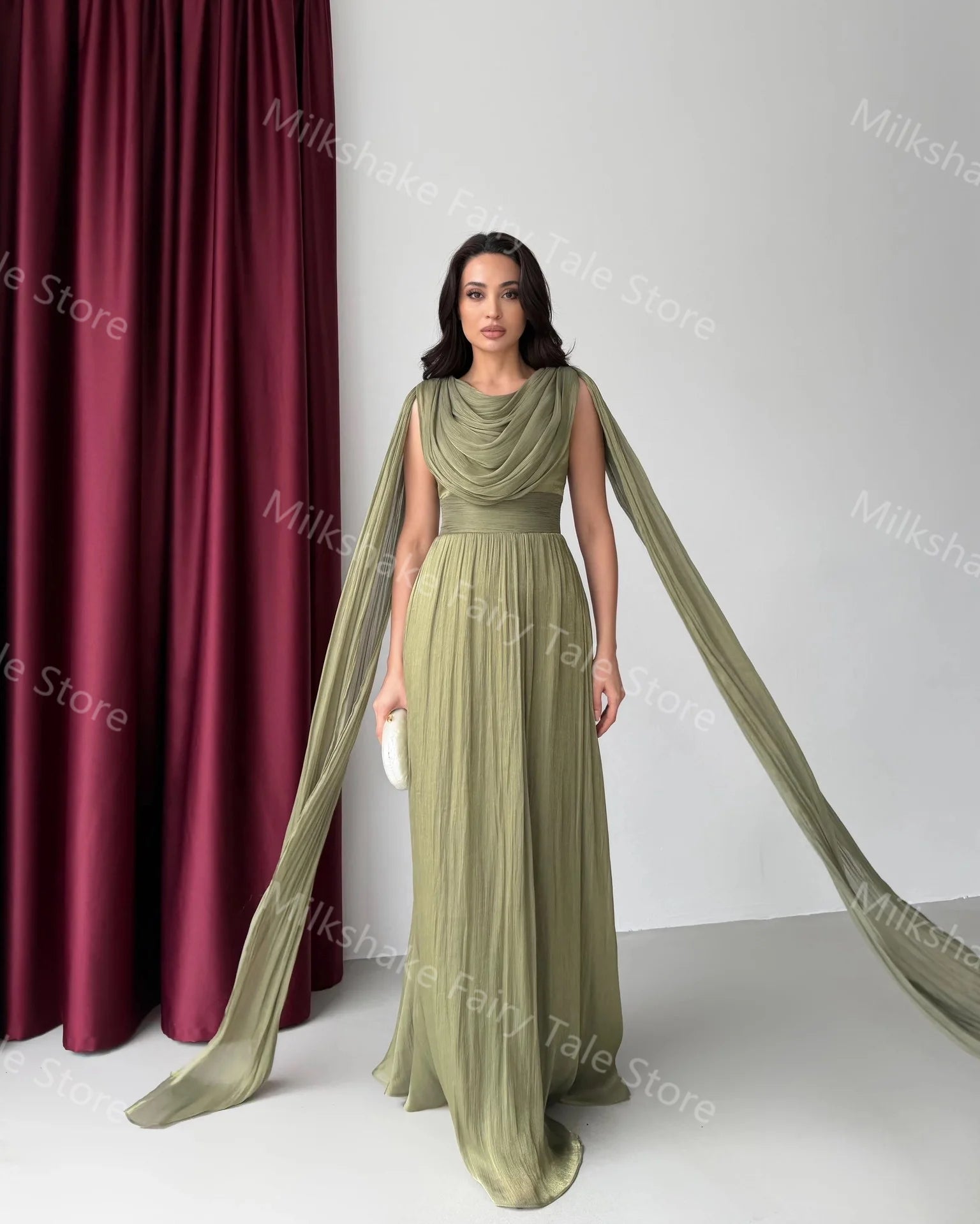 Robes de soirée vert olive élégantes Manches longues cape Robes de bal pour femmes Longueur au sol Robes d'invitées de mariage personnalisées