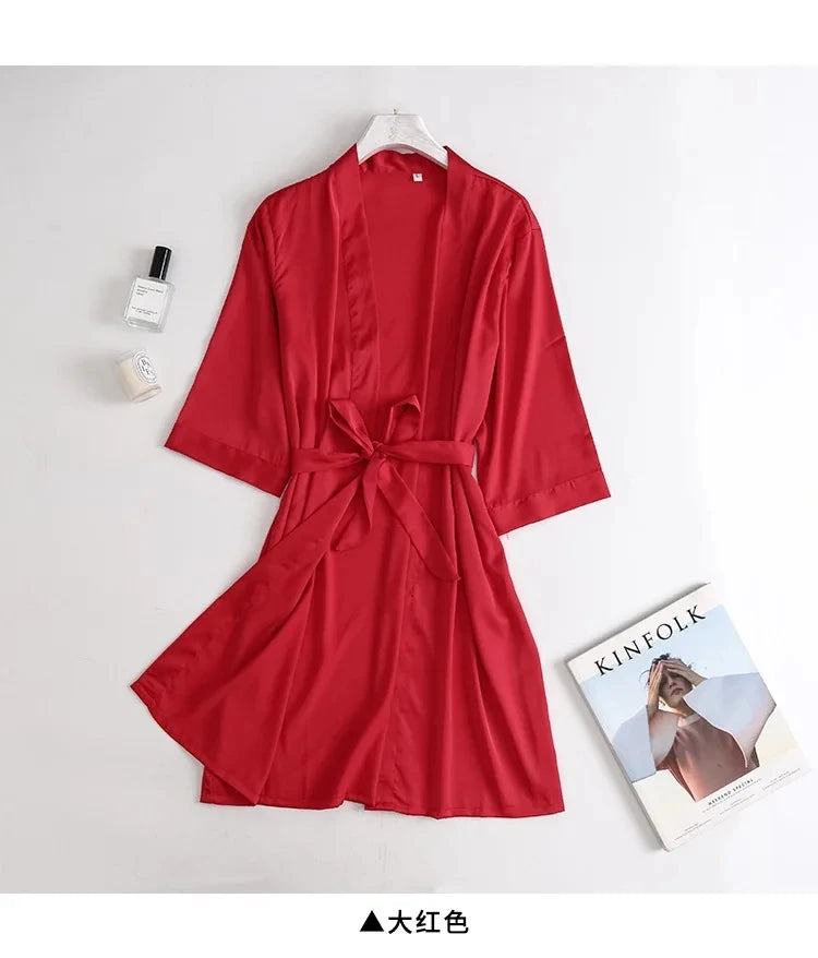 Peignoir de mariée blanc pour femme, robe de chambre matinale, manches 3/4, chemise de nuit ample, peignoir kimono en satin de soie, lingerie