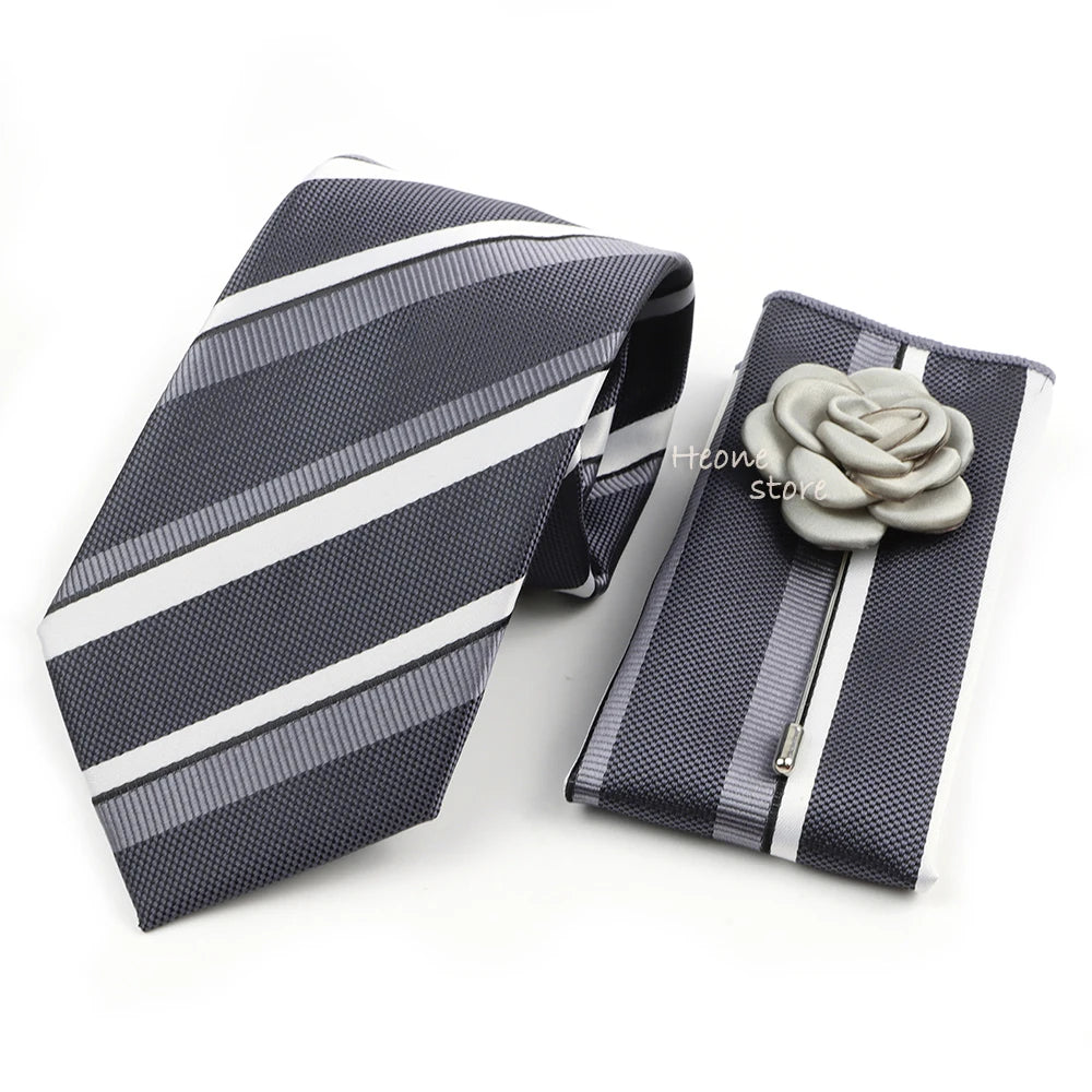 Men's Striped Necktie, Pocket Square & Brooch Set | Groom & Groomsmen Wedding Accessory