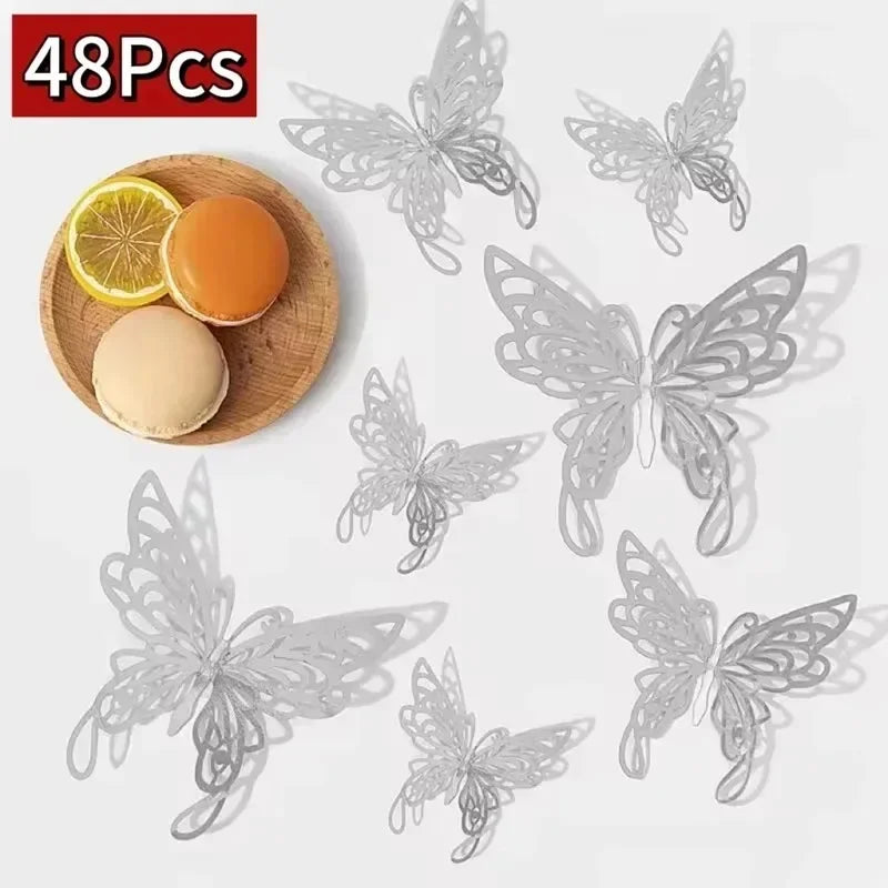 48 autocollants muraux papillons creux dorés et argentés, papillons 3D, pour chambre à coucher, salon, décoration de maison, applique, décoration de mariage