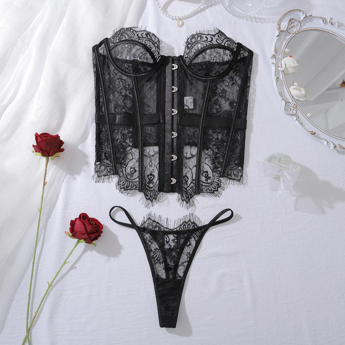 Ensembles de Lingerie Ellolace Palace Femme Corset Souple String Ensemble 2 Pièces Sexy Chaud Sans Bretelles Dentelle Fantaisie Décolleté Plongeant Sous-Vêtements Femme