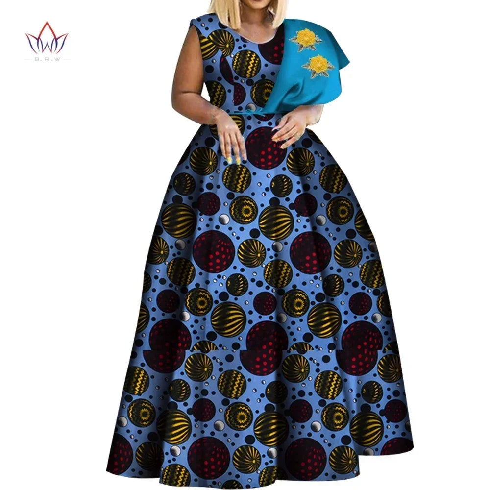 Bintarealwax Robes africaines Dashiki imprimées Bazin Robe de soirée asymétrique Robes africaines grande taille pour femmes WY3834