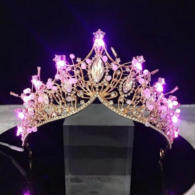 Light Up Bride Hair Accessories Alloy Crystal Party LED Glow Luminous Crown Rhinestone Tiara Flower Queen Wedding Festival Party