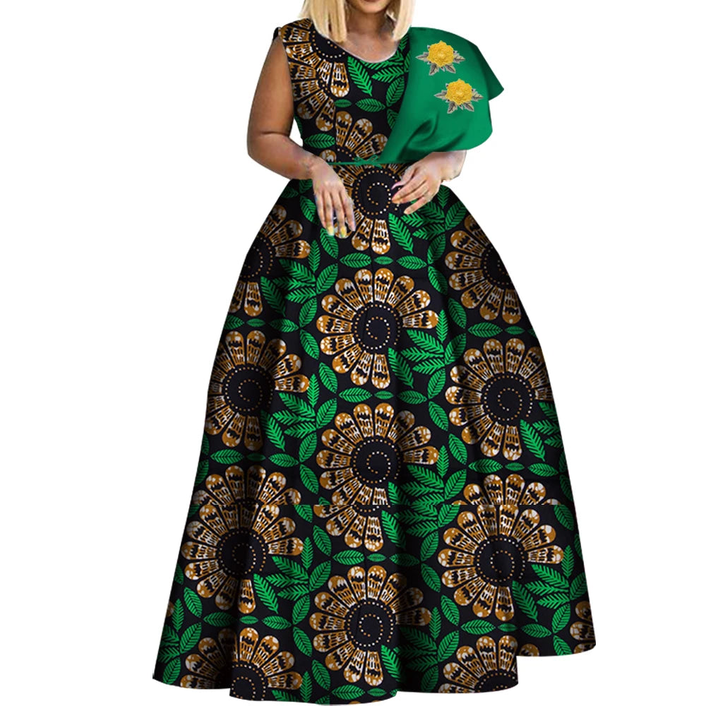 Bintarealwax Robes africaines Dashiki imprimées Bazin Robe de soirée asymétrique Robes africaines grande taille pour femmes WY3834