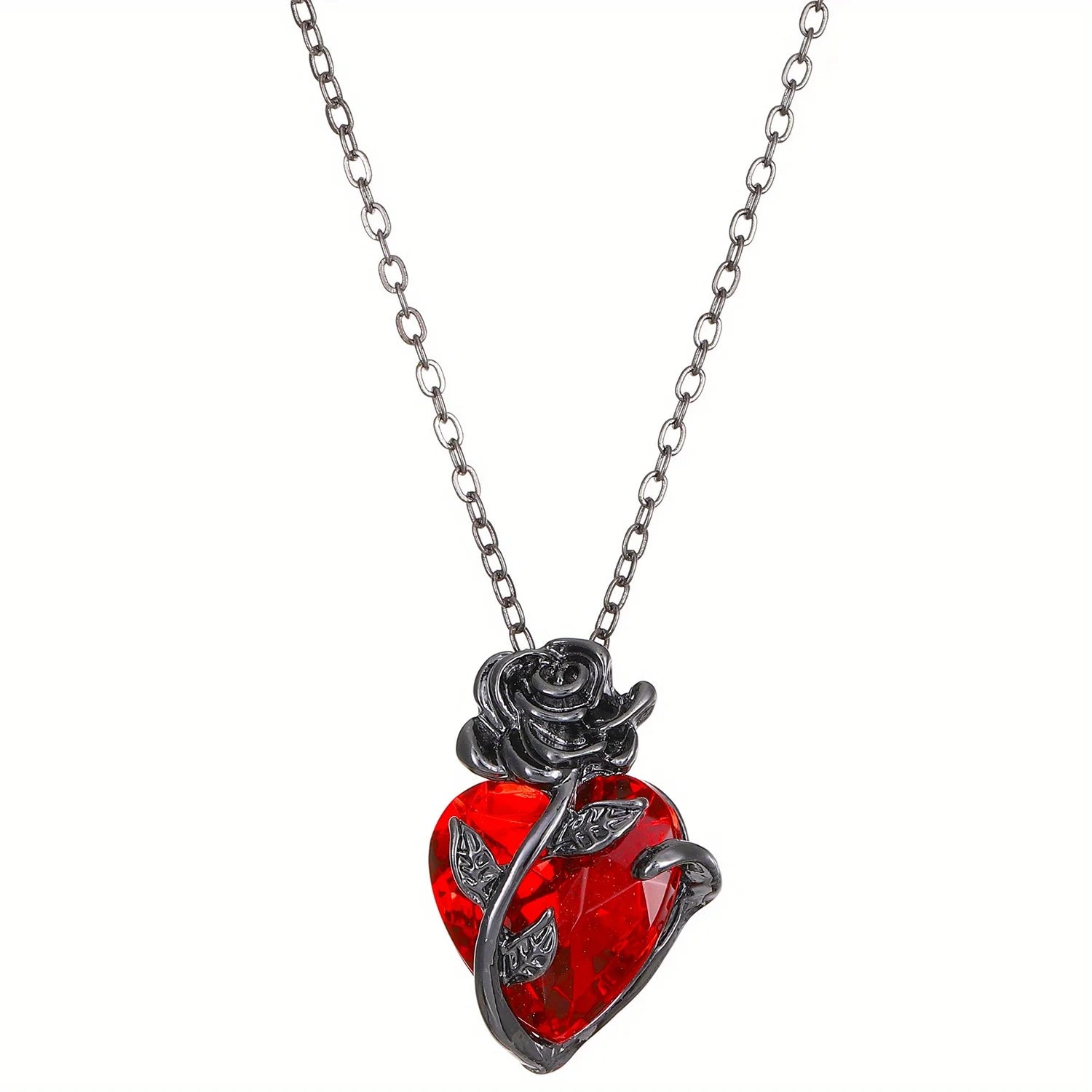 Gothic Black Rose & Red Stone Heart Pendant Necklace