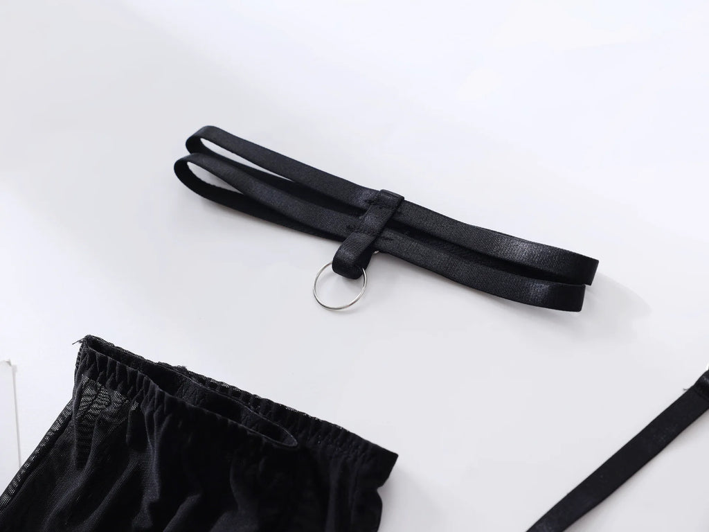 Ensemble de lingerie Ellolace Nœud Papillon Soutien-gorge Ouvert en Soie Sous-vêtements Sissy Bilizna Non Censurée Pornographie Sensuelle Intime Jarretière Strings Tenues Sexy