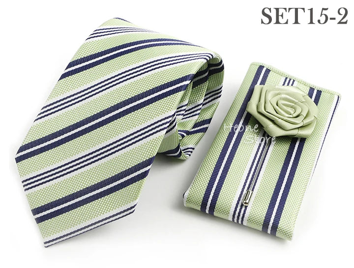 Men's Striped Necktie, Pocket Square & Brooch Set | Groom & Groomsmen Wedding Accessory
